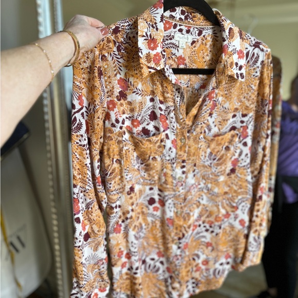 Anthropologie Pilcro The Romy  Buttondown Shirt Peach Rust Burgundy Harvest Gold - Picture 3 of 6